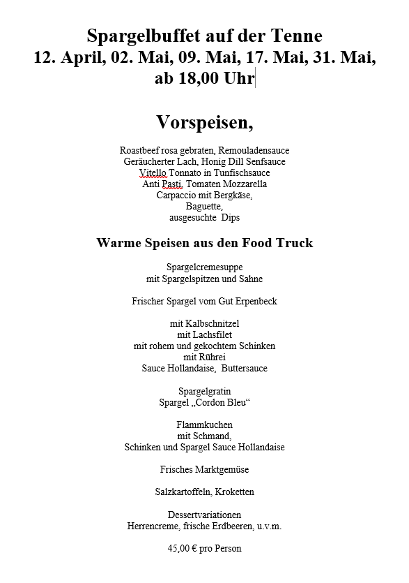 Menü für ein Spargelbuffet mit Vor- und Hauptspeisen auf der Tenne mit Preisangabe.