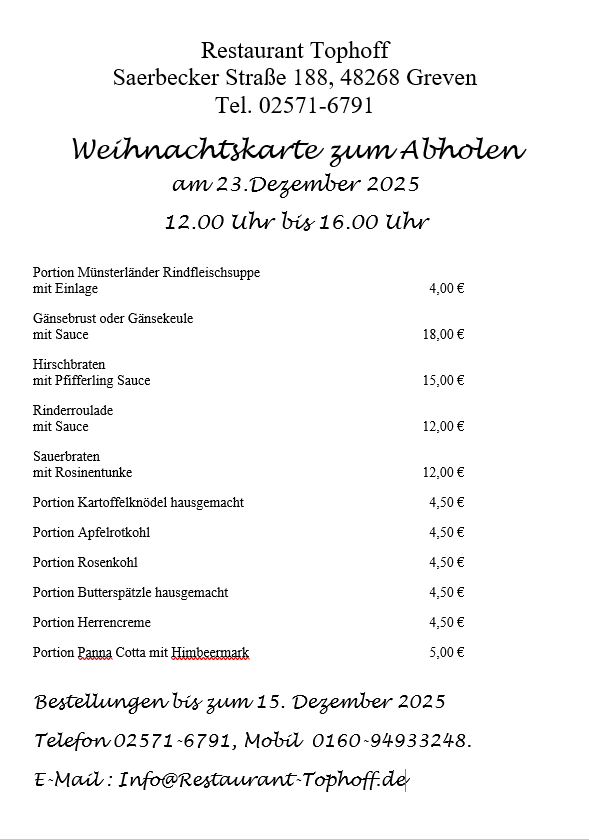 Speisekarte in schwarzer Schrift mit roter Akzentfarbe auf weißem Hintergrund