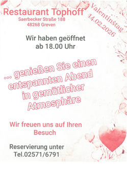 Flyer vom Restaurant Tophof mit Valentinstagshinweis und Herzsymbol in Rosa gehalten