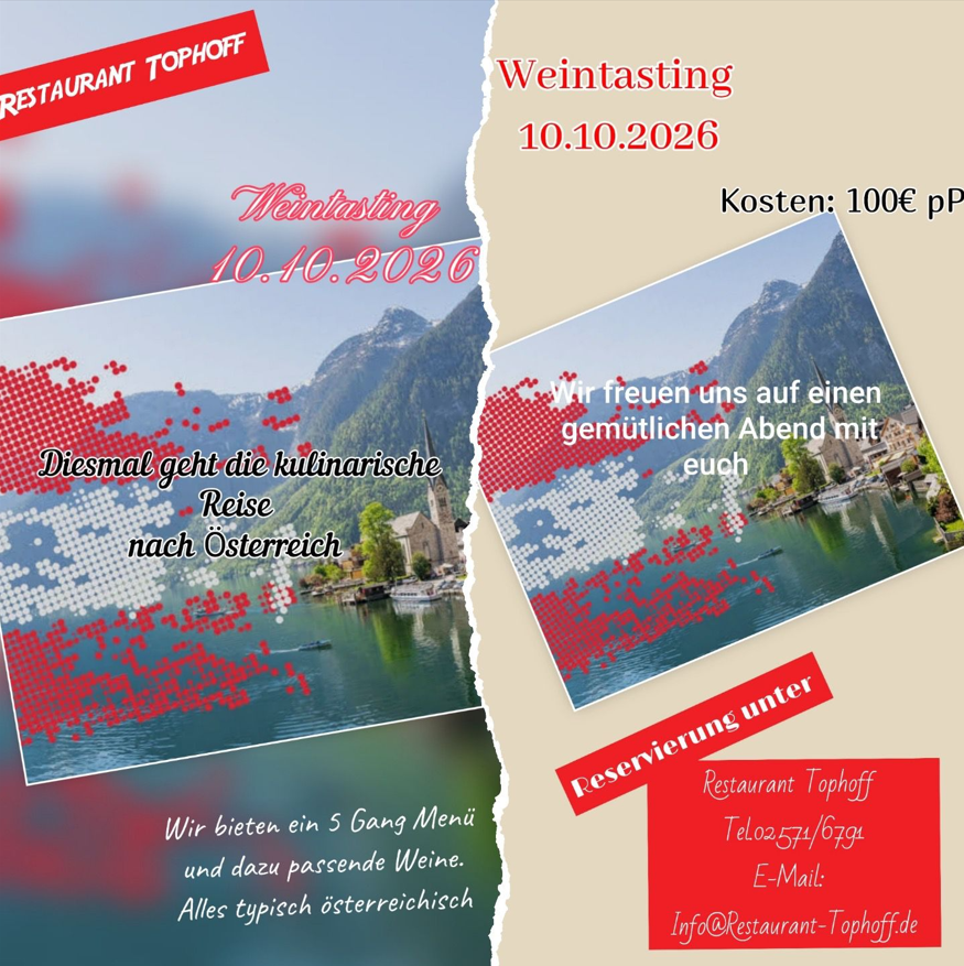 Zerrissenes Werbeplakat in Rot Weiss mit Bergsee und Weintasting Text