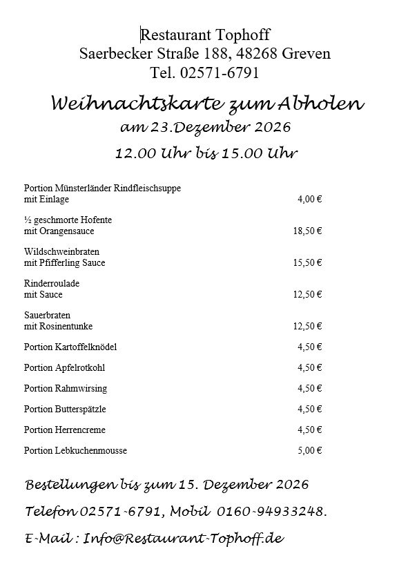 Weihnachtskarte zum Abholen des Restaurant Tophoff in Greven mit Speisen und Preisen